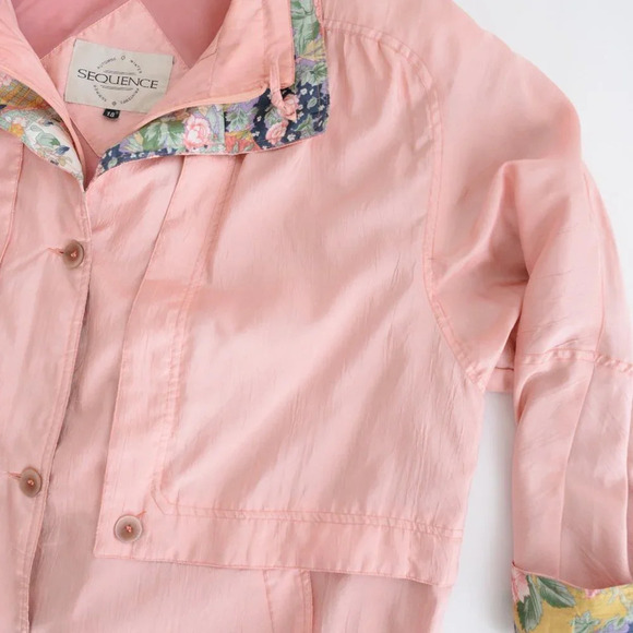 Vintage Sequence Peach Nylon w Floral Collar & Cuff Zip Up Utility Jacket 18 - Picture 7 of 12